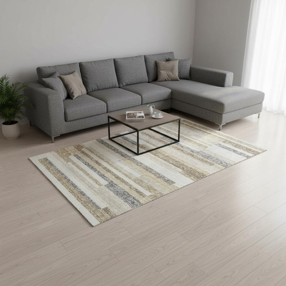 HomeRoots 10' Striped Washable Area Rug in Ivory Gray & Beige - UV Protected, Durable & Easy-Care Design 675786