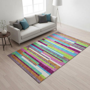 HomeRoots 5' X 8' Striped Washable Area Rug in Lavender, Orange & Lime Green – UV Protection & Easy Care! 675788