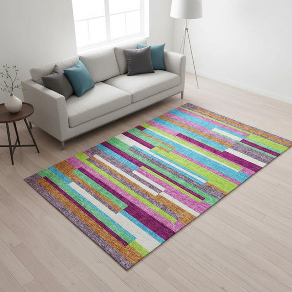HomeRoots 5' X 8' Striped Washable Area Rug in Lavender, Orange & Lime Green – UV Protection & Easy Care! 675788