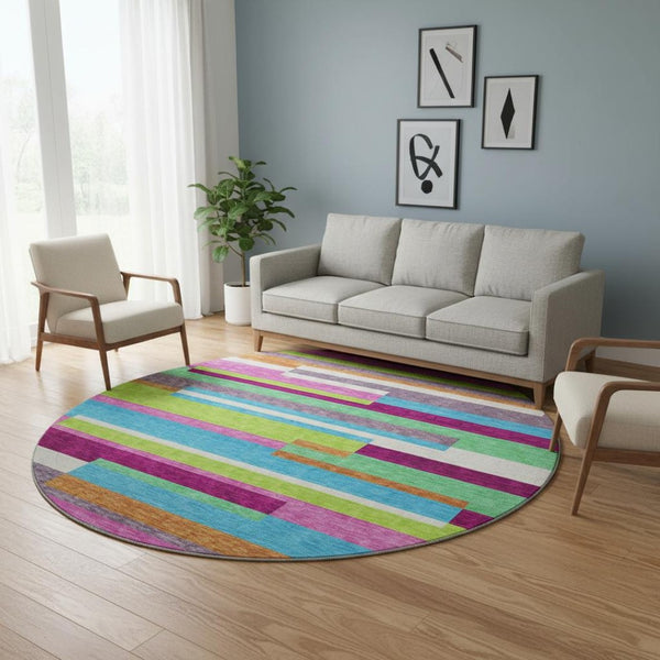 HomeRoots 8' Washable Round Rug in Striking Lavender, Orange & Lime Green with UV Protection for Kids & Pets 675789