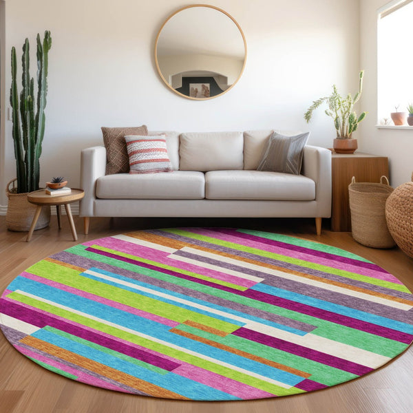 HomeRoots 8' Washable Round Rug in Striking Lavender, Orange & Lime Green with UV Protection for Kids & Pets 675789