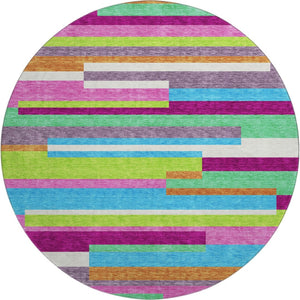 HomeRoots 8' Washable Round Rug in Striking Lavender, Orange & Lime Green with UV Protection for Kids & Pets 675789