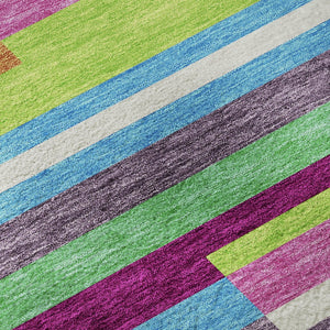 HomeRoots 8' Washable Round Rug in Striking Lavender, Orange & Lime Green with UV Protection for Kids & Pets 675789