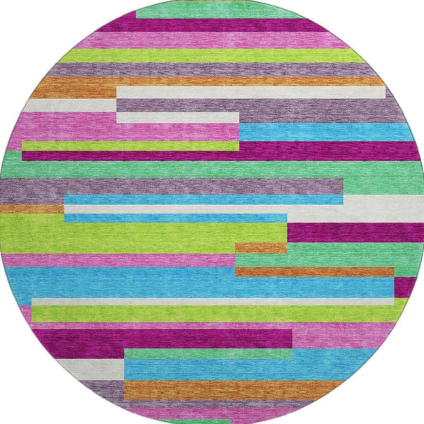HomeRoots 8' Washable Round Rug in Striking Lavender, Orange & Lime Green with UV Protection for Kids & Pets 675789