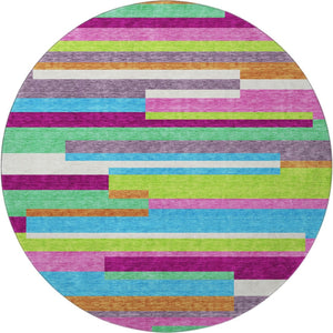 HomeRoots 8' Washable Round Rug in Striking Lavender, Orange & Lime Green with UV Protection for Kids & Pets 675789