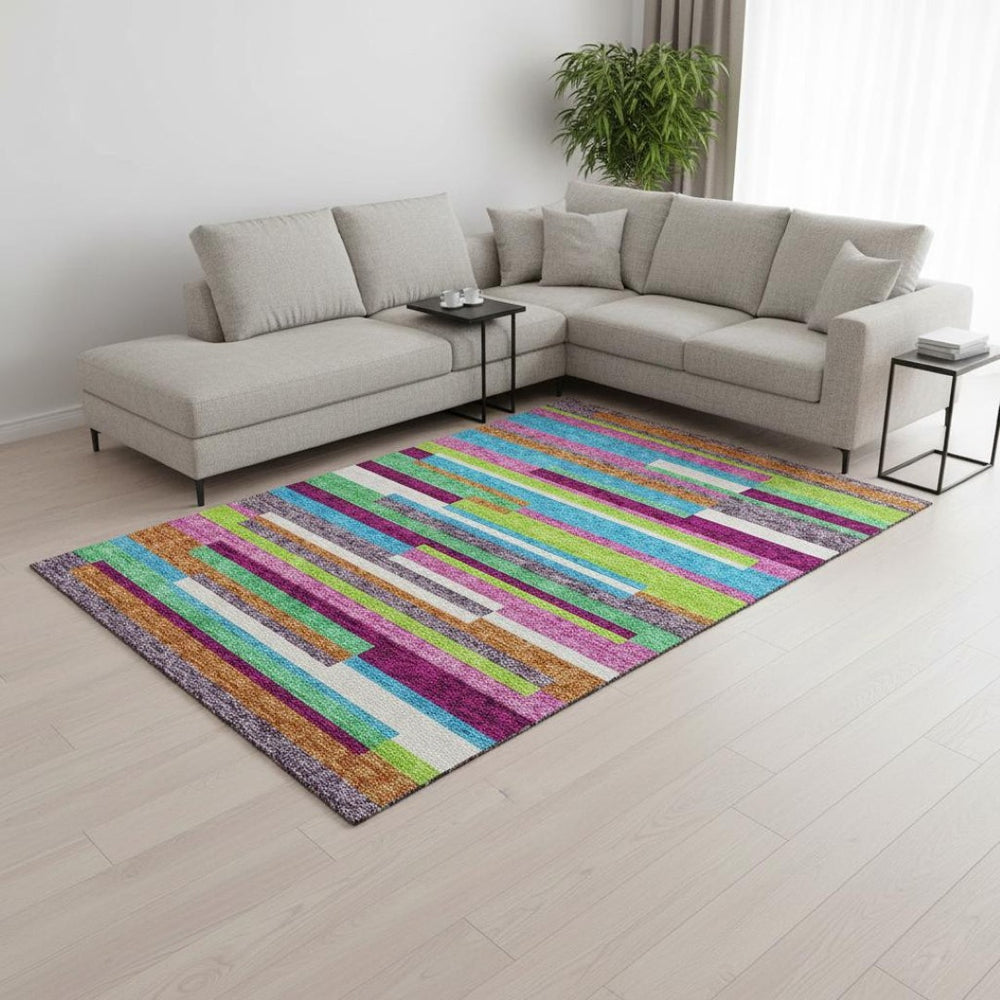 HomeRoots 9' X 12' Striped Area Rug in Lavender, Orange & Lime Green – Washable, UV Protected & Stain Resistant! 675791