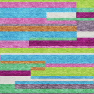 HomeRoots 9' X 12' Striped Area Rug in Lavender, Orange & Lime Green – Washable, UV Protected & Stain Resistant! 675791