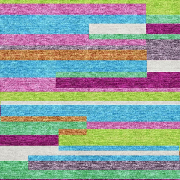HomeRoots 9' X 12' Striped Area Rug in Lavender, Orange & Lime Green – Washable, UV Protected & Stain Resistant! 675791
