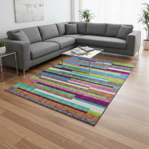 HomeRoots 10' Vibrant Striped Area Rug in Lavender, Orange & Lime Green – Washable, UV-Protected, Durable Design 675792