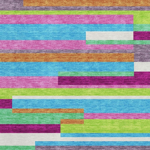 HomeRoots 10' Vibrant Striped Area Rug in Lavender, Orange & Lime Green – Washable, UV-Protected, Durable Design 675792