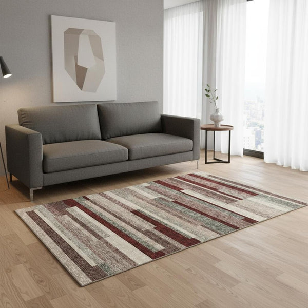 HomeRoots 5' X 8' Washable Merlot Gray Beige Striped Area Rug with UV Protection for Stylish, Low-Maintenance Living 675794