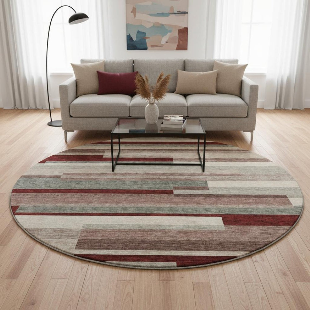 HomeRoots 8' Striped Washable Round Rug in Merlot, Gray & Beige - UV Protected, Pet-Friendly, Cozy Style 675795