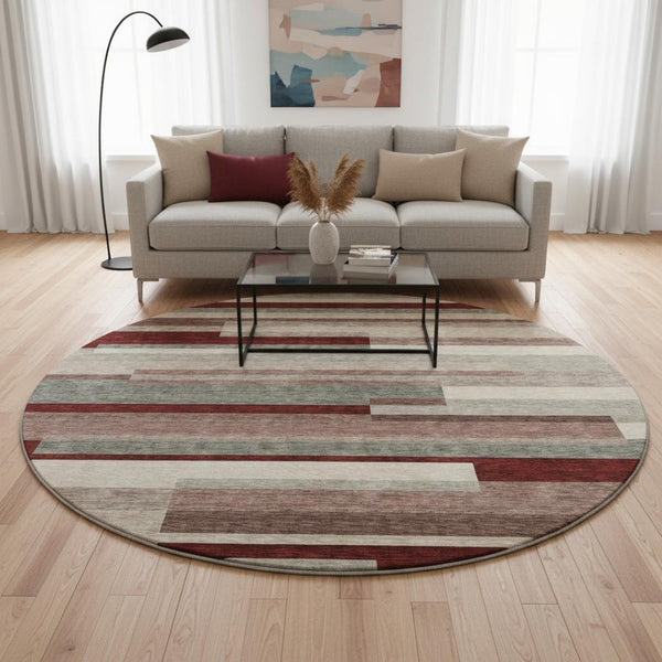 HomeRoots 8' Striped Washable Round Rug in Merlot, Gray & Beige - UV Protected, Pet-Friendly, Cozy Style 675795