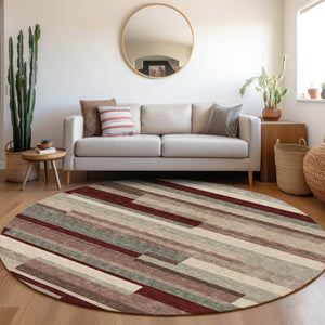 HomeRoots 8' Striped Washable Round Rug in Merlot, Gray & Beige - UV Protected, Pet-Friendly, Cozy Style 675795