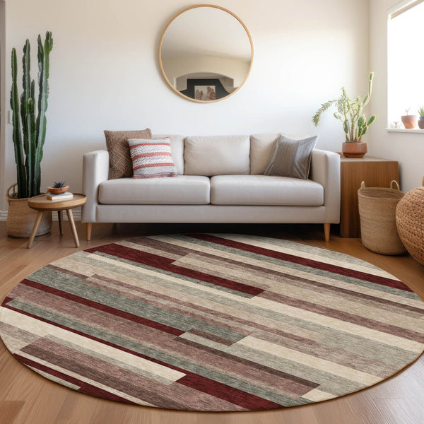 HomeRoots 8' Striped Washable Round Rug in Merlot, Gray & Beige - UV Protected, Pet-Friendly, Cozy Style 675795