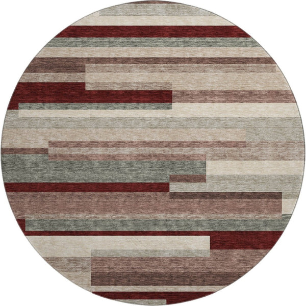 HomeRoots 8' Striped Washable Round Rug in Merlot, Gray & Beige - UV Protected, Pet-Friendly, Cozy Style 675795