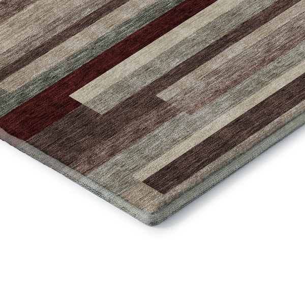 HomeRoots 8' Striped Washable Round Rug in Merlot, Gray & Beige - UV Protected, Pet-Friendly, Cozy Style 675795
