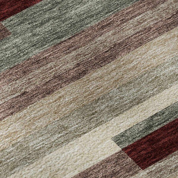 HomeRoots 8' Striped Washable Round Rug in Merlot, Gray & Beige - UV Protected, Pet-Friendly, Cozy Style 675795