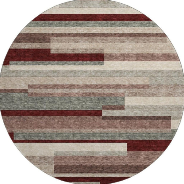 HomeRoots 8' Striped Washable Round Rug in Merlot, Gray & Beige - UV Protected, Pet-Friendly, Cozy Style 675795