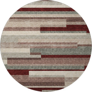 HomeRoots 8' Striped Washable Round Rug in Merlot, Gray & Beige - UV Protected, Pet-Friendly, Cozy Style 675795