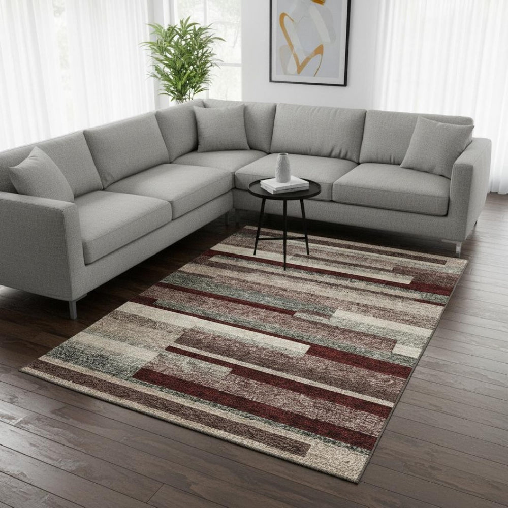 HomeRoots 8' X 10' Striped Washable Area Rug in Merlot Gray & Beige - Durable, UV-Protected & Stylish Decor 675796