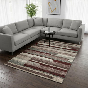 HomeRoots 8' X 10' Striped Washable Area Rug in Merlot Gray & Beige - Durable, UV-Protected & Stylish Decor 675796