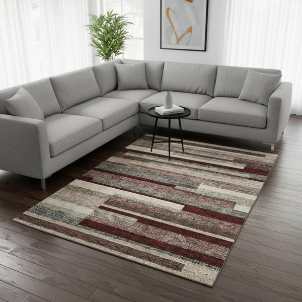 HomeRoots 8' X 10' Striped Washable Area Rug in Merlot Gray & Beige - Durable, UV-Protected & Stylish Decor 675796