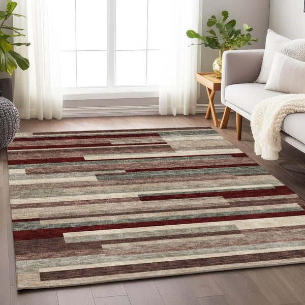 HomeRoots 8' X 10' Striped Washable Area Rug in Merlot Gray & Beige - Durable, UV-Protected & Stylish Decor 675796