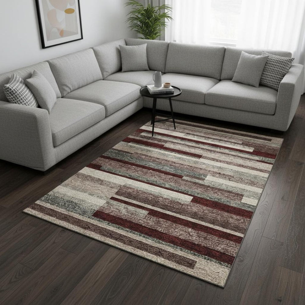 HomeRoots 9' X 12' Striped Merlot Gray and Beige Area Rug - Washable, UV Protected, Stain-Resistant, Non-Slip! 675797