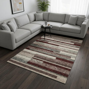 HomeRoots 9' X 12' Striped Merlot Gray and Beige Area Rug - Washable, UV Protected, Stain-Resistant, Non-Slip! 675797