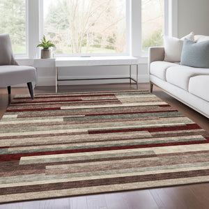 HomeRoots 9' X 12' Striped Merlot Gray and Beige Area Rug - Washable, UV Protected, Stain-Resistant, Non-Slip! 675797