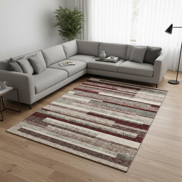 HomeRoots 10' Striped Merlot Gray & Beige Washable Area Rug - Durable, Stain Resistant, UV Protected for Homes 675798