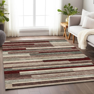HomeRoots 10' Striped Merlot Gray & Beige Washable Area Rug - Durable, Stain Resistant, UV Protected for Homes 675798