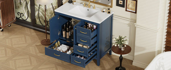 English Elm Christopher Knight Home® - 36" Vintage-inspired Bathroom Vanity with Ceramic Sink, Solid Wood Frame, Soft-Close Drawers, Spacious Storage Blue N759P293646C