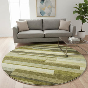 HomeRoots 8' Stylish Olive Green, Ivory & Beige Striped Washable Round Rug with UV Protection for All Spaces 675801