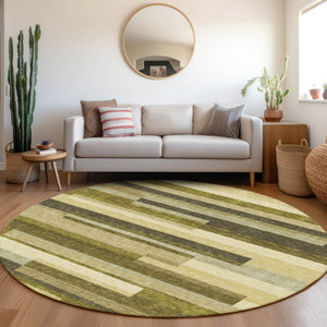 HomeRoots 8' Stylish Olive Green, Ivory & Beige Striped Washable Round Rug with UV Protection for All Spaces 675801
