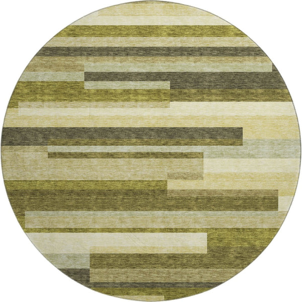 HomeRoots 8' Stylish Olive Green, Ivory & Beige Striped Washable Round Rug with UV Protection for All Spaces 675801