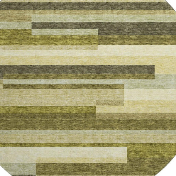 HomeRoots 8' Stylish Olive Green, Ivory & Beige Striped Washable Round Rug with UV Protection for All Spaces 675801