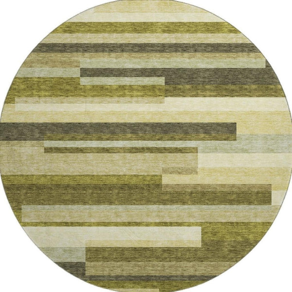 HomeRoots 8' Stylish Olive Green, Ivory & Beige Striped Washable Round Rug with UV Protection for All Spaces 675801
