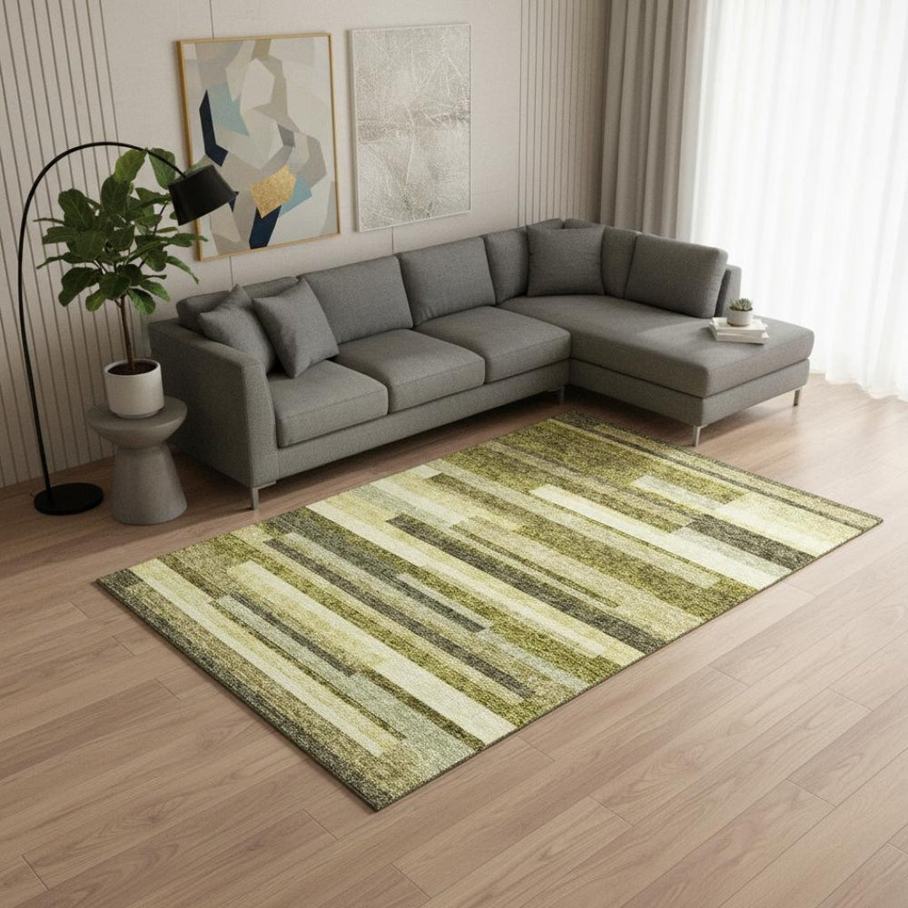 HomeRoots 8' X 10' Striped Olive Green and Beige Area Rug - Washable, UV Protected, Perfect for High-Traffic Spaces 675802