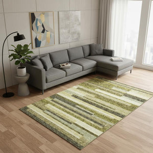 HomeRoots 9' X 12' Olive Green Striped Area Rug with UV Protection - Durable, Washable, and Stylish Home Decor 675803