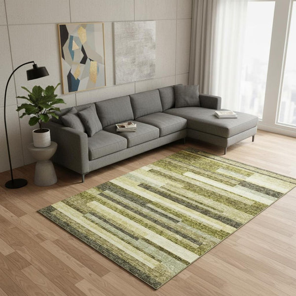 HomeRoots 9' X 12' Olive Green Striped Area Rug with UV Protection - Durable, Washable, and Stylish Home Decor 675803
