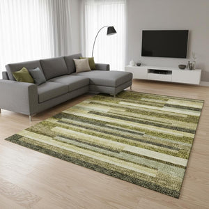 HomeRoots 10' Olive Green, Ivory & Beige Striped Washable Area Rug - UV-Protected, Durable for High-Traffic Homes 675804