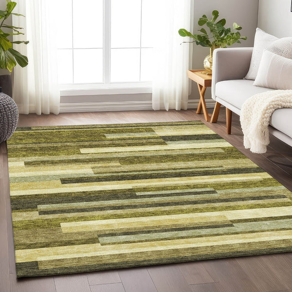 HomeRoots 10' Olive Green, Ivory & Beige Striped Washable Area Rug - UV-Protected, Durable for High-Traffic Homes 675804
