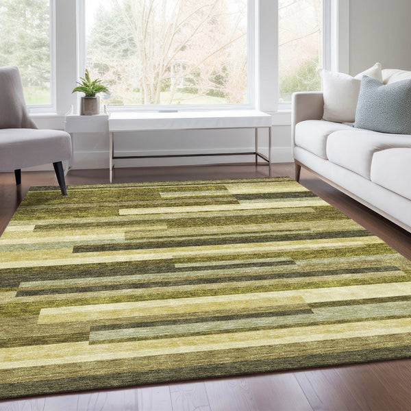 HomeRoots 10' Olive Green, Ivory & Beige Striped Washable Area Rug - UV-Protected, Durable for High-Traffic Homes 675804