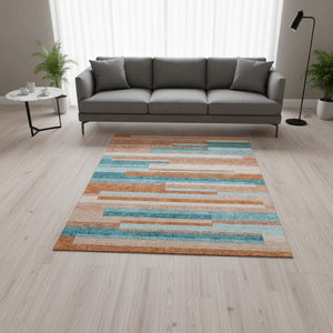 HomeRoots 5' X 8' Striped Area Rug in Orange, Teal & Peach – Washable, UV-Protected for Any High-Traffic Space 675806