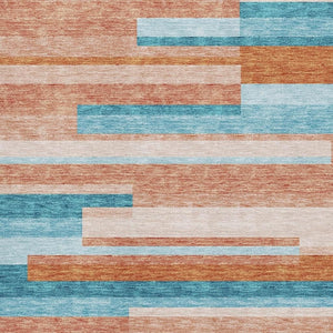 HomeRoots 5' X 8' Striped Area Rug in Orange, Teal & Peach – Washable, UV-Protected for Any High-Traffic Space 675806