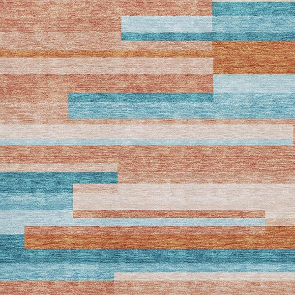 HomeRoots 5' X 8' Striped Area Rug in Orange, Teal & Peach – Washable, UV-Protected for Any High-Traffic Space 675806