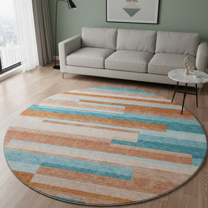 HomeRoots 8' Durable Orange, Teal & Peach Striped Round Rug - Washable, UV Protected, Perfect for High-Traffic Areas 675807
