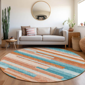 HomeRoots 8' Durable Orange, Teal & Peach Striped Round Rug - Washable, UV Protected, Perfect for High-Traffic Areas 675807